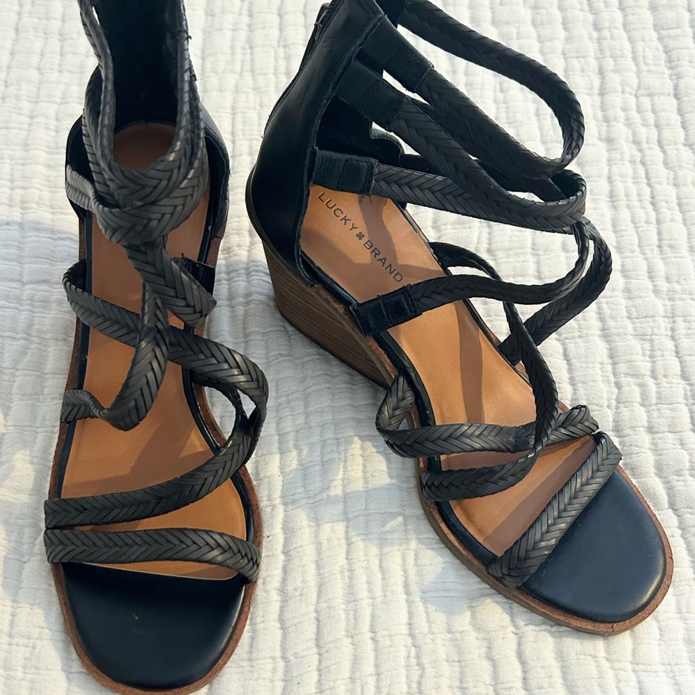 Lucky Brand Black Braided Leather Gladiator Wedge Sandals